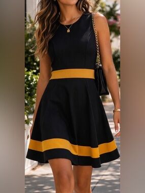 SHEIN Black & Gold Colorblock Dress | Size XL (12) | Fit & Flare